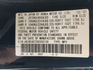 2008 Honda CR-V EX-L with VIN JHLRE48728C035136, listed as a IAAI auction lot 42106054 with 262,791 mi miles. Bid and sale history available at carsss.com. Image 9.