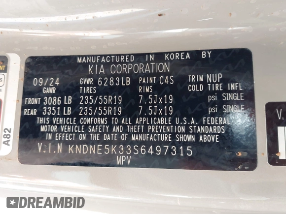 2025 Kia Carnival SX with VIN KNDNE5K33S6497315, listed as a IAAI auction lot 41133179 with 3,063 mi miles and . Bid and sale history available at DreamBid. Image 9.