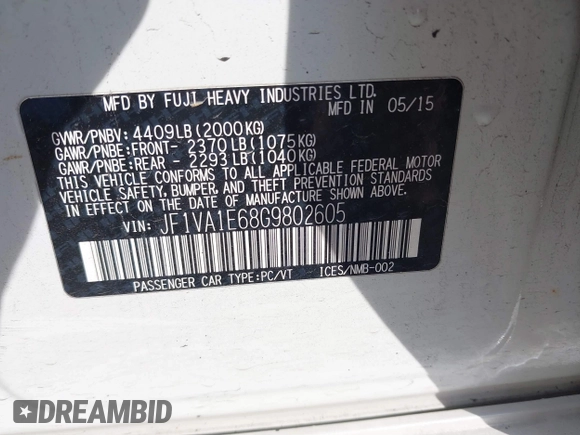 2016 Subaru WRX Premium with VIN JF1VA1E68G9802605, listed as a IAAI auction lot 41114464 with 158,161 mi miles. Bid and sale history available at carsss.com. Image 9.