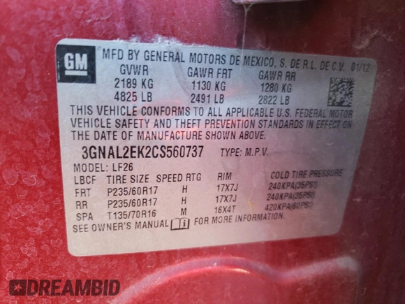 2012 Chevrolet Captiva Sport LS with VIN 3GNAL2EK2CS560737, listed as a Copart auction lot 74636134 with 118,997 mi miles and Salvage Title. Bid and sale history available at DreamBid. Image 15.