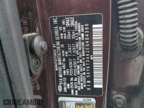 2014 Kia Sorento LX с VIN 5XYKT3A62EG484386, выставлен на аукционе Copart как лот 55632055 с пробегом 168 439 миль миль и Списание • Salvage title. История ставок и продаж доступна на DreamBid. Изображение 13.