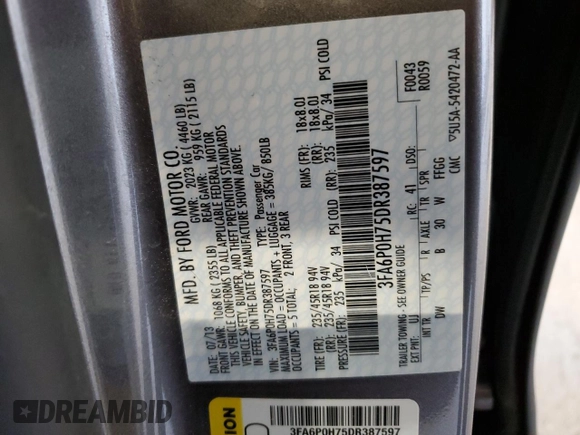 2013 Ford Fusion SE с VIN 3FA6P0H75DR387597, выставлен на аукционе Copart как лот 62993475 с пробегом 190 841 миль миль и Чистый • Clean title. История ставок и продаж доступна на DreamBid. Изображение 12.