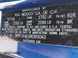2024 Kia Forte LXS with VIN 3KPF24AD3RE835043, listed as a IAAI auction lot 41871318 with 12,076 mi miles. Bid and sale history available at carsss.com. Image 9.