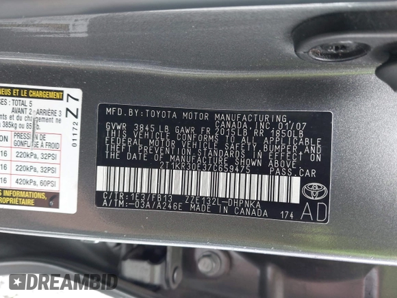 2007 Toyota Matrix STD z VIN 2T1KR30E37C659475, wystawiony jako IAAI lot #42357137 z przebiegiem 130 525 mil mil oraz . Historia ofert i sprzedaży dostępna na DreamBid. Obrazek 9.