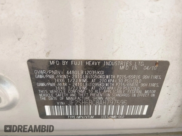 2010 Subaru Forester X с VIN JF2SH6BC8AH797596, выставлен на аукционе IAAI как лот 42454541 с пробегом 87 291 миль миль и . История ставок и продаж доступна на DreamBid. Изображение 9.