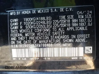 2024 Honda HR-V Sport with VIN 3CZRZ2H53RM786468, listed as a IAAI auction lot 42058045 with 17,008 mi miles and . Bid and sale history available at DreamBid. Image 9.