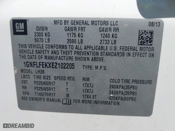 2014 Chevrolet Equinox LT with VIN 1GNFLFEKXEZ102205, listed as a IAAI auction lot 42094124 with 186,070 mi miles. Bid and sale history available at carsss.com. Image 9.