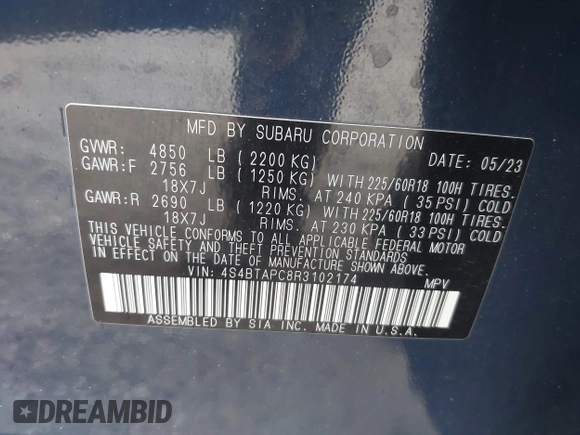 2024 Subaru Outback Touring with VIN 4S4BTAPC8R3102174, listed as a IAAI auction lot 42241698 with 15,427 mi miles and . Bid and sale history available at DreamBid. Image 9.