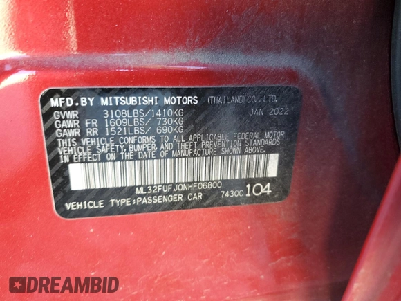 2022 Mitsubishi Mirage G4 ES with VIN ML32FUFJ0NHF06800, listed as a Copart auction lot 74516263 with 37,414 mi miles. Bid and sale history available at carsss.com. Image 12.