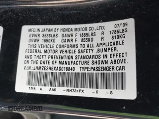 2010 Honda Insight LX with VIN JHMZE2H5XAS018840, listed as a IAAI auction lot 42138165 with 188,467 mi miles and . Bid and sale history available at DreamBid. Image 9.