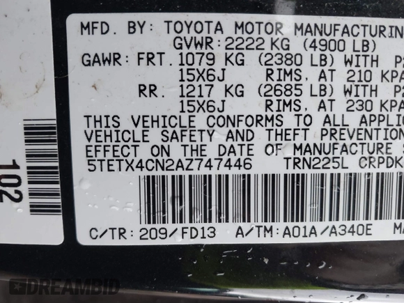 2010 Toyota Tacoma with VIN 5TETX4CN2AZ747446, listed as a IAAI auction lot 41048053 with 126,786 mi miles and . Bid and sale history available at DreamBid. Image 9.