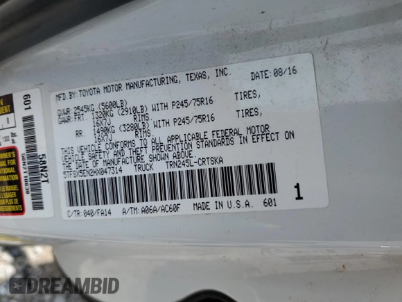 2017 Toyota Tacoma SR with VIN 5TFSX5EN2HX047314, listed as a Copart auction lot 56748355 with 123,023 mi miles and Salvage title. Bid and sale history available at DreamBid. Image 12.