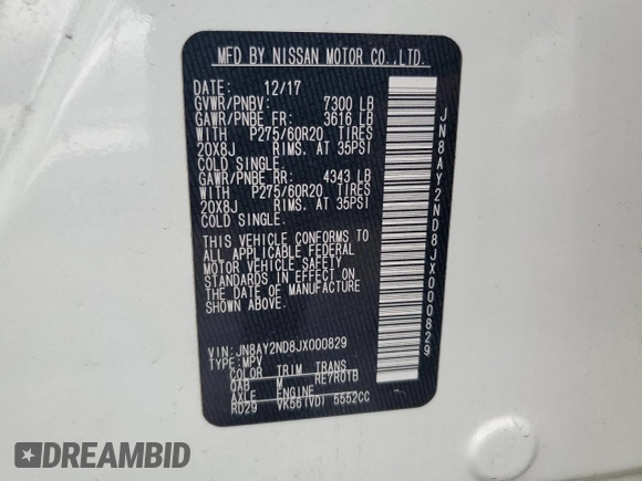 2018 Nissan Armada SL z VIN JN8AY2ND8JX000829, wystawiony jako Copart lot #50825135 z przebiegiem 112 899 mil mil oraz Szkoda całkowita • Salvage title. Historia ofert i sprzedaży dostępna na DreamBid. Obrazek 13.