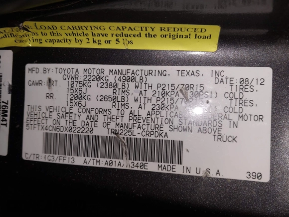 2013 Toyota Tacoma with VIN 5TFTX4CN6DX022220, listed as a IAAI auction lot 42184443 with 94,918 mi miles and . Bid and sale history available at DreamBid. Image 9.