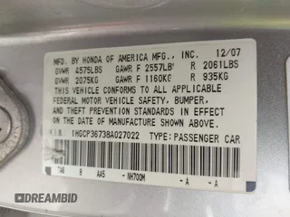 2008 Honda Accord EX with VIN 1HGCP36738A027022, listed as a IAAI auction lot 42159370 with 186,814 mi miles and . Bid and sale history available at DreamBid. Image 9.