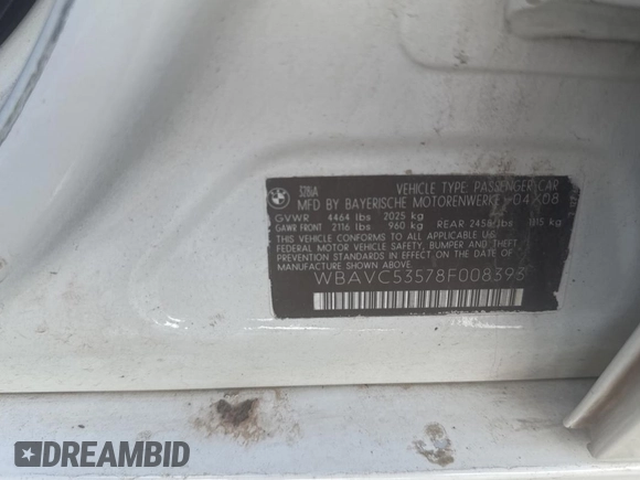 2008 BMW 3 Series 328i with VIN WBAVC53578F008393, listed as a Copart auction lot 64016765 with 159,732 mi miles and Salvage title. Bid and sale history available at DreamBid. Image 11.