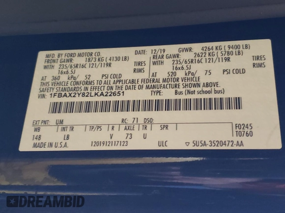 2020 Ford Transit Passenger XL with VIN 1FBAX2Y82LKA22651, listed as a Copart auction lot 52581575 with 33,895 mi miles and Clean title. Bid and sale history available at DreamBid. Image 13.