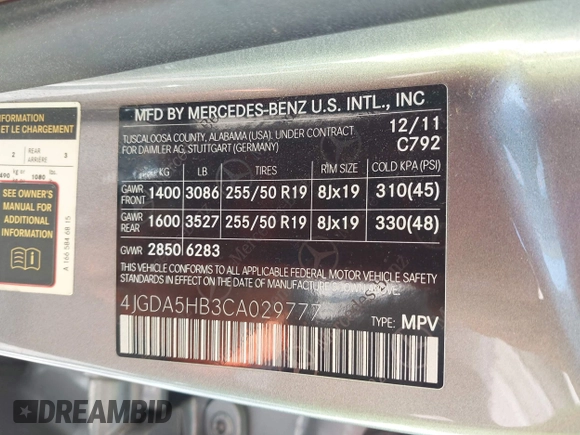 2012 Mercedes-Benz M ML 350 with VIN 4JGDA5HB3CA029777, listed as a IAAI auction lot 41905904 with 64,588 mi miles. Bid and sale history available at carsss.com. Image 9.