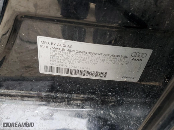 2008 Audi A4 2.0T with VIN WAUDF78E98A166786, listed as a Copart auction lot 84434984 with 182,093 mi miles and Salvage Title. Bid and sale history available at carsss.com. Image 12.