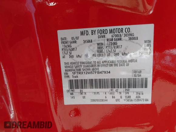 2007 Ford F-150 STX with VIN 1FTRX12W57FB47934, listed as a IAAI auction lot 41913194 with 159,778 mi miles and . Bid and sale history available at DreamBid. Image 9.