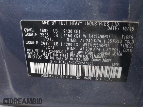 2016 Subaru Outback 2.5i Premium with VIN 4S4BSAHCXG3247005, listed as a IAAI auction lot 41372062 with 89,829 mi miles. Bid and sale history available at carsss.com. Image 9.