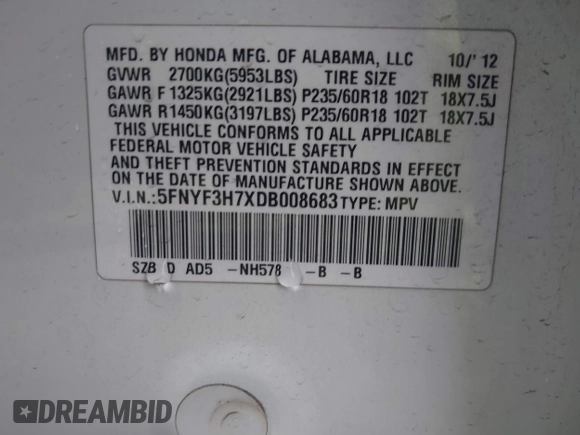 2013 Honda Pilot EX-L with VIN 5FNYF3H7XDB008683, listed as a IAAI auction lot 41749108 with 88,542 mi miles and . Bid and sale history available at DreamBid. Image 9.