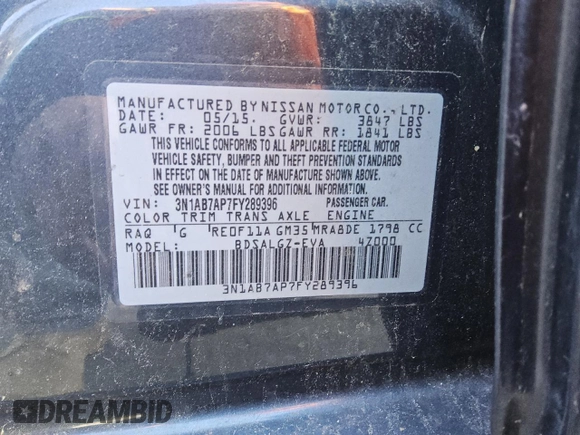 2015 Nissan Sentra SL with VIN 3N1AB7AP7FY289396, listed as a Copart auction lot 45127795 with 77,309 mi miles and Clean Title. Bid and sale history available at DreamBid. Image 12.