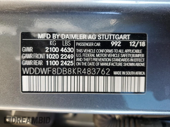 2019 Mercedes-Benz C 300 with VIN WDDWF8DB8KR483762, listed as a Copart auction lot 47028645 with 64,470 mi miles and Salvage Title. Bid and sale history available at DreamBid. Image 14.