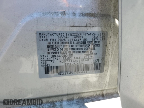 2017 Nissan Sentra S with VIN 3N1AB7AP2HY246474, listed as a Copart auction lot 60078155 with 126,524 mi miles and Salvage title. Bid and sale history available at DreamBid. Image 12.
