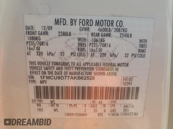 2010 Ford Escape XLT with VIN 1FMCU9D77AKB62528, listed as a Copart auction lot 64802605 with Not provided miles and Clean title. Bid and sale history available at DreamBid. Image 13.