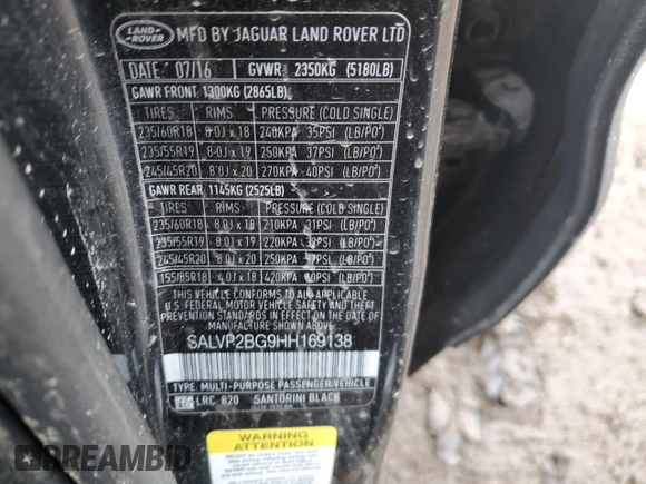 2017 Land Rover Range Rover Evoque SE z VIN SALVP2BG9HH169138, wystawiony jako Copart lot #49969035 z przebiegiem Nie podano mil oraz Szkoda całkowita • Salvage title. Historia ofert i sprzedaży dostępna na DreamBid. Obrazek 14.