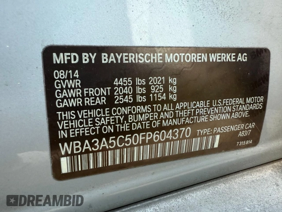 2015 BMW 3 Series 328i with VIN WBA3A5C50FP604370, listed as a Copart auction lot 52242365 with 0 mi miles and Clean Title. Bid and sale history available at carsss.com. Image 10.