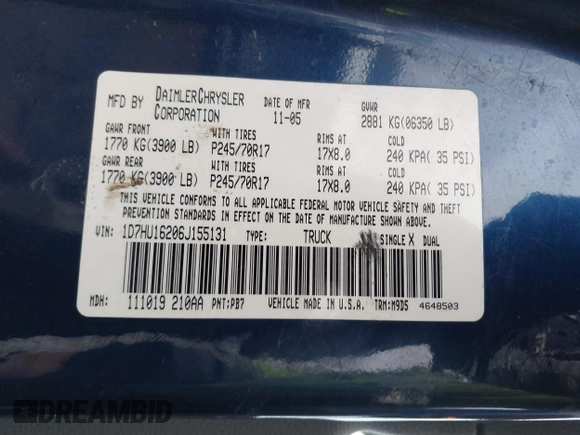 2006 Dodge 1500 SLT with VIN 1D7HU16206J155131, listed as a IAAI auction lot 41548125 with 213,690 mi miles and . Bid and sale history available at DreamBid. Image 9.