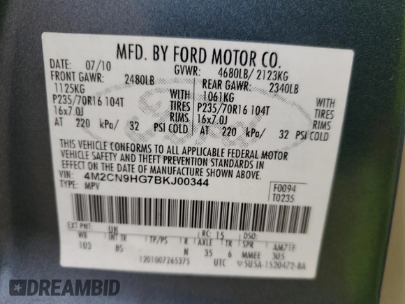 2011 Mercury Mariner Premier с VIN 4M2CN9HG7BKJ00344, выставлен на аукционе Copart как лот 47822215 с пробегом 107 070 миль миль и Списание • Salvage title. История ставок и продаж доступна на DreamBid. Изображение 14.