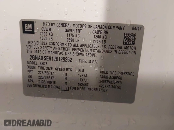 2018 Chevrolet Equinox LT with VIN 2GNAXSEV1J6129252, listed as a IAAI auction lot 41676676 with 112,909 mi miles and . Bid and sale history available at carsss.com. Image 9.