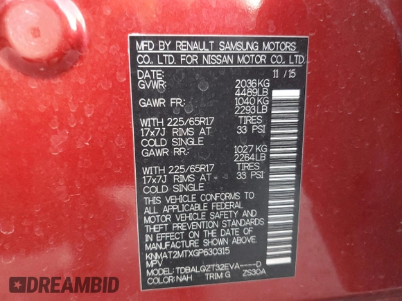 2016 Nissan Rogue SV with VIN KNMAT2MTXGP630315, listed as a Copart auction lot 44406575 with 99,976 mi miles and Salvage Title. Bid and sale history available at DreamBid. Image 16.