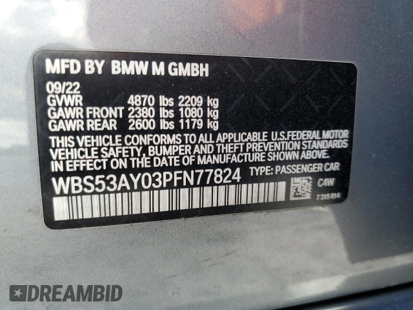 2023 BMW M3 with VIN WBS53AY03PFN77824, listed as a Copart auction lot 86100404 with 30,311 mi miles and Salvage Title. Bid and sale history available at carsss.com. Image 12.