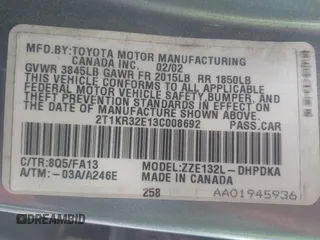 2003 Toyota Matrix Std z VIN 2T1KR32E13C008692, wystawiony jako IAAI lot #42409824 z przebiegiem 230 497 mil mil oraz . Historia ofert i sprzedaży dostępna na DreamBid. Obrazek 9.