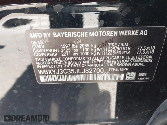 2018 BMW X2 sDrive28i with VIN WBXYJ3C35JEJ82700, listed as a IAAI auction lot 42675146 with 84,961 mi miles and . Bid and sale history available at DreamBid. Image 9.