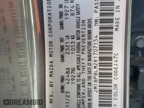 2024 Mazda 3 S Carbon Edition z VIN JM1BPBLM2R1707154, wystawiony jako Copart lot #63242765 z przebiegiem Nie podano mil oraz Nie do naprawy • Non repairable. Historia ofert i sprzedaży dostępna na DreamBid. Obrazek 13.