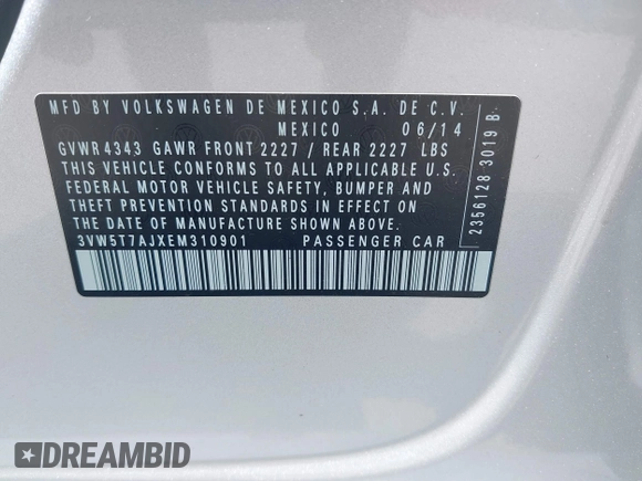 2014 Volkswagen Jetta GLI Autobahn with VIN 3VW5T7AJXEM310901, listed as a IAAI auction lot 42622301 with 139,821 mi miles and . Bid and sale history available at DreamBid. Image 9.