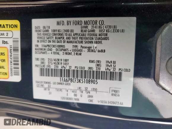 2019 Ford Mustang GT z VIN 1FA6P8CF3K5108905, wystawiony jako Copart lot #51247485 z przebiegiem 88 317 mil mil oraz Tytuł czysty. Historia ofert i sprzedaży dostępna na DreamBid. Obrazek 12.
