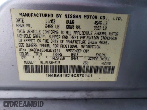 2004 Nissan Maxima SE with VIN 1N4BA41E24C870141, listed as a Copart auction lot 82491953 with 121,425 mi miles and Salvage Title. Bid and sale history available at carsss.com. Image 12.