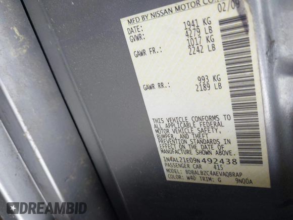 2009 Nissan Altima 2.5 z VIN 1N4AL21E09N492438, wystawiony jako IAAI lot #42267476 z przebiegiem 142 530 mil mil oraz . Historia ofert i sprzedaży dostępna na DreamBid. Obrazek 9.