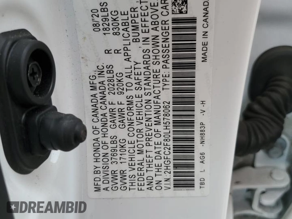 2020 Honda Civic Sedan Sport with VIN 2HGFC2F80LH578062, listed as a Copart auction lot 49667575 with 82,591 mi miles and Salvage Title. Bid and sale history available at carsss.com. Image 14.