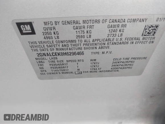 2017 Chevrolet Equinox LT with VIN 2GNALCEK8H6296466, listed as a IAAI auction lot 42039860 with 268,228 mi miles and . Bid and sale history available at DreamBid. Image 9.