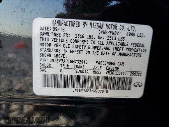 2017 Infiniti Q50 Premium с VIN JN1EV7AP1HM732916, выставлен на аукционе Copart как лот 57549395 с пробегом 86 913 миль миль и Списание • Salvage title. История ставок и продаж доступна на DreamBid. Изображение 12.