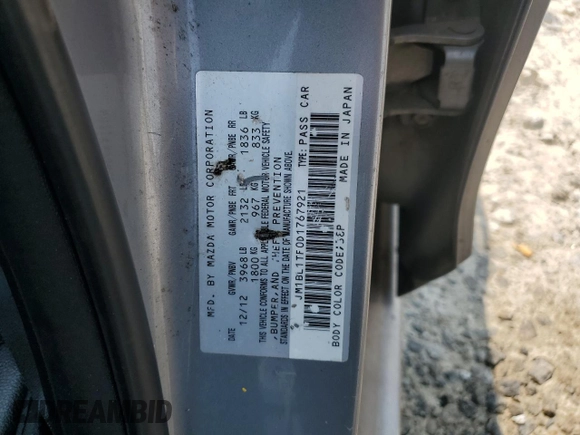 2013 Mazda 3 i SV with VIN JM1BL1TF0D1767921, listed as a Copart auction lot 59432455 with 265,578 mi miles and Salvage title. Bid and sale history available at DreamBid. Image 12.