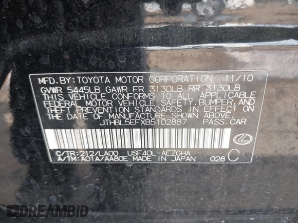 2011 Lexus LS 460 с VIN JTHBL5EFXB5102887, выставлен на аукционе IAAI как лот 41829214 с пробегом 161 822 миль миль и . История ставок и продаж доступна на DreamBid. Изображение 9.