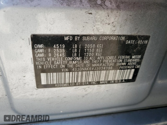 2018 Subaru Legacy Limited with VIN 4S3BNAK64J3034198, listed as a Copart auction lot 46421854 with 80,497 mi miles and . Bid and sale history available at DreamBid. Image 12.